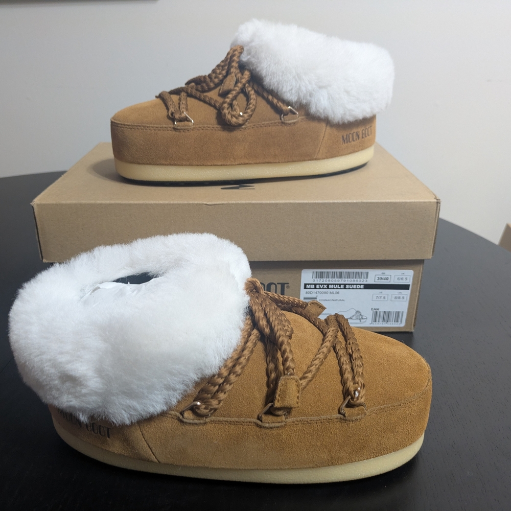 Moon Boots - EVX Suede Mule In Cognac/Natural - New In Box